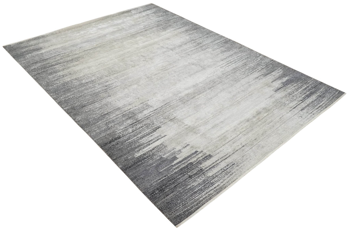 Contemporary Abstract 9x12 Hand Knotted Silver and Charcoal Wool and Bamboo Silk Area Rug
