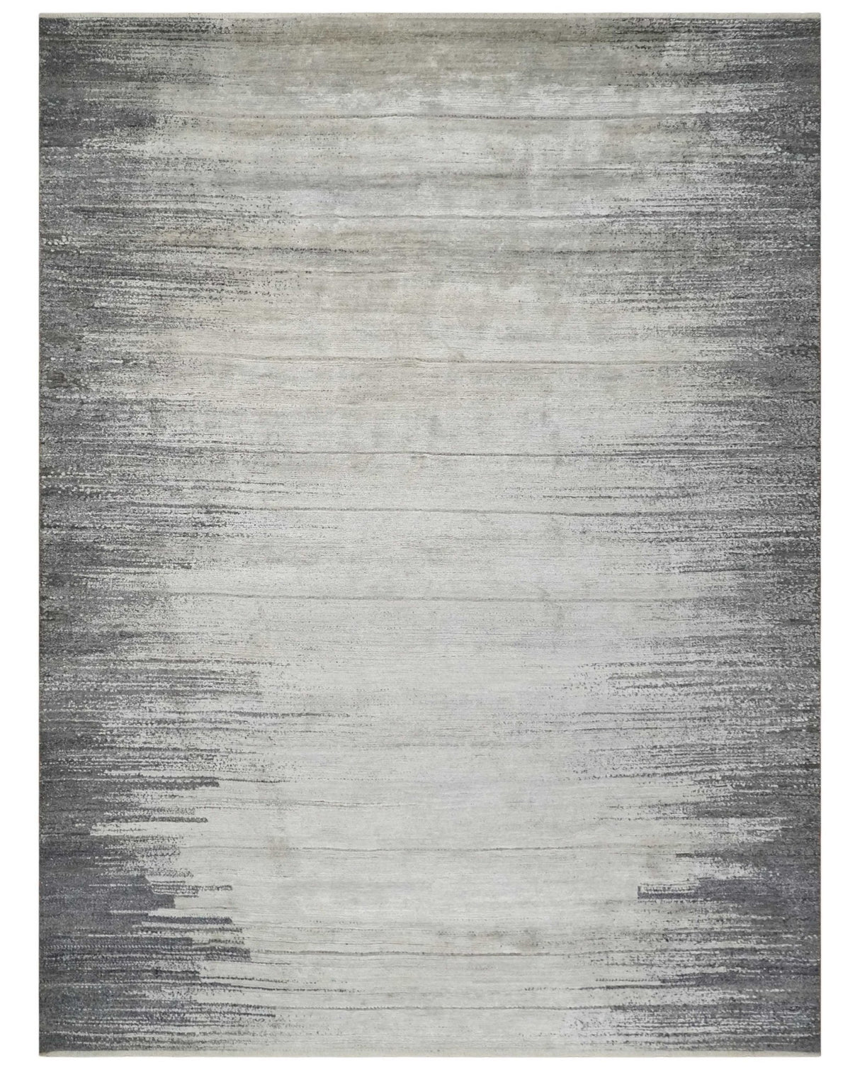 Contemporary Abstract 9x12 Hand Knotted Silver and Charcoal Wool and Bamboo Silk Area Rug