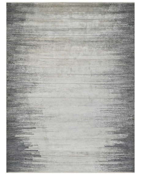 Contemporary Abstract 9x12 Hand Knotted Silver and Charcoal Wool and Bamboo Silk Area Rug