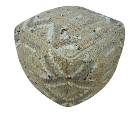 Contemporary Beige, Ivory and Gray Hand Woven Jute and wool Pouf