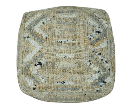 Contemporary Beige, Ivory and Gray Hand Woven Jute and wool Pouf