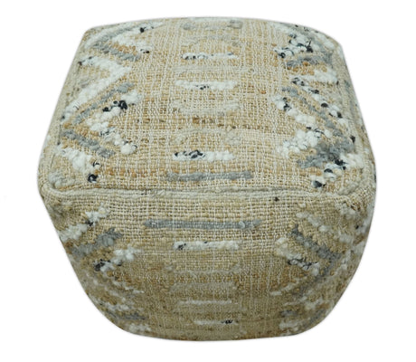 Contemporary Beige, Ivory and Gray Hand Woven Jute and wool Pouf