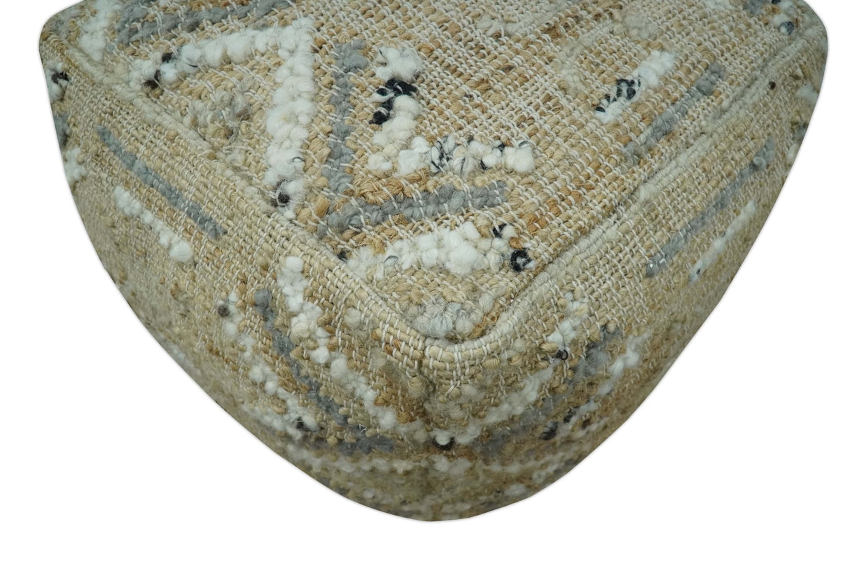 Contemporary Beige, Ivory and Gray Hand Woven Jute and wool Pouf