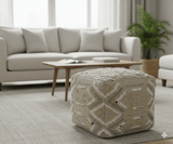 Contemporary Beige, Ivory and Gray Hand Woven Jute and wool Pouf