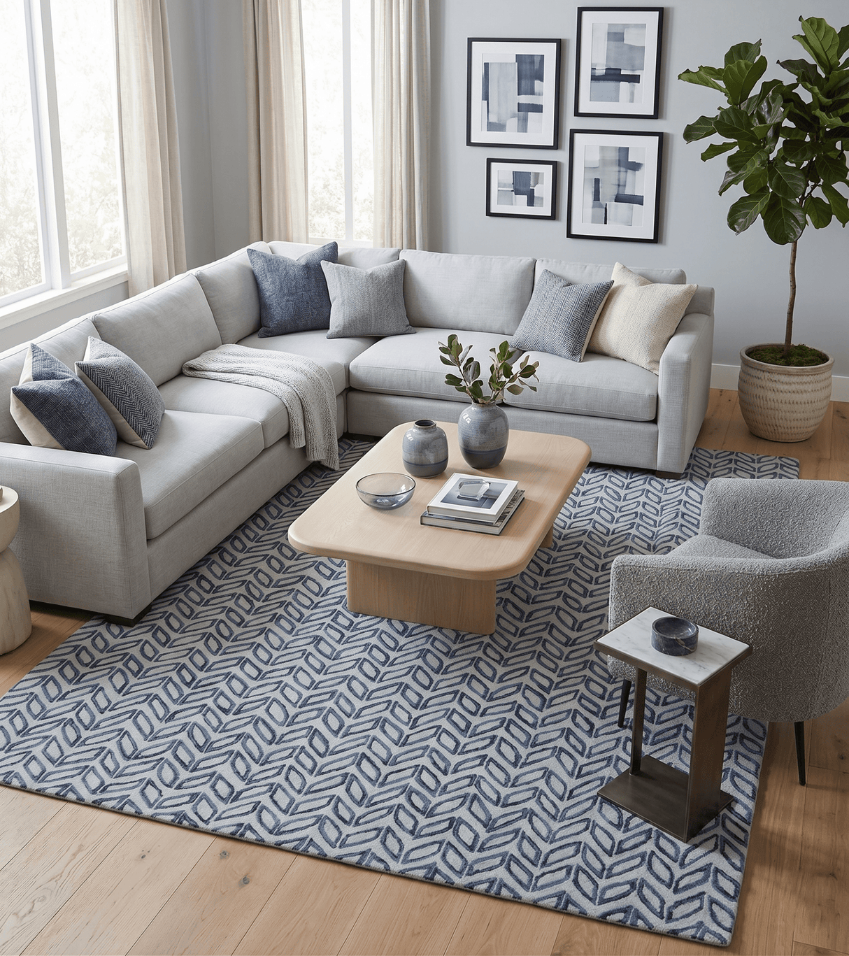 Contemporary Farmhouse Leaf's Hand Tufted Silver and Blue Loop Multi Size Wool Rug