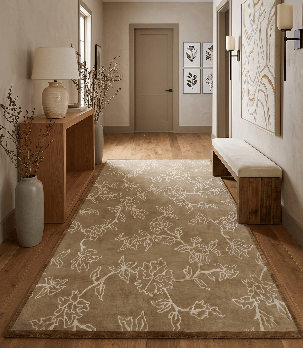 Contemporary Floral 6x8 Brown and Ivory Hand Woven Wool Rug