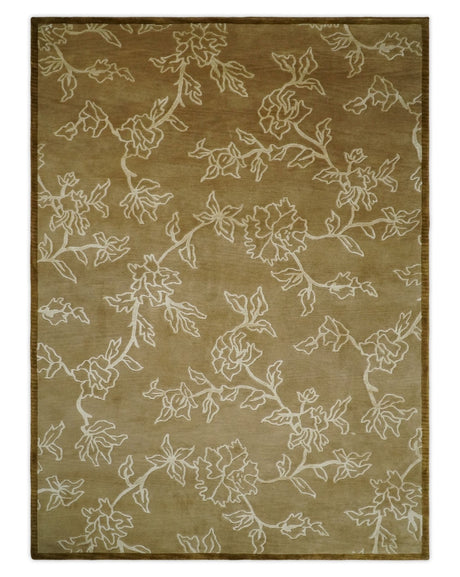 Contemporary Floral 6x8 Brown and Ivory Hand Woven Wool Rug
