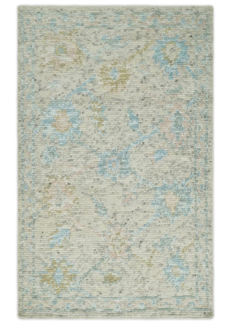 Contemporary Ivory and Blue Hand Knotted Multi Size Rug