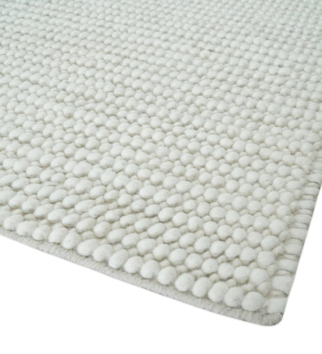 Contemporary Solid Design Ivory Handwoven Wool Area Rug