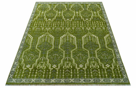 Contemporary Traditional Design Green And Beige Hand Knotted Custom Made Wool Rug