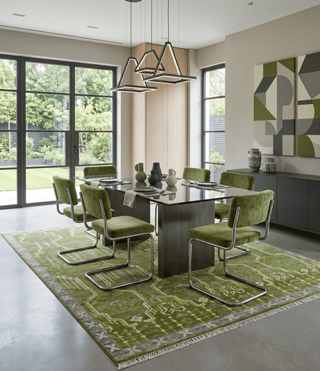 Contemporary Traditional Design Green And Beige Hand Knotted Custom Made Wool Rug