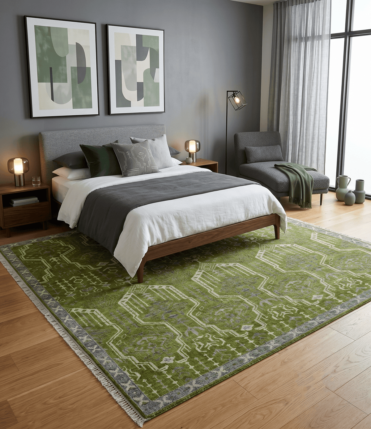 Contemporary Traditional Design Green And Beige Hand Knotted Custom Made Wool Rug