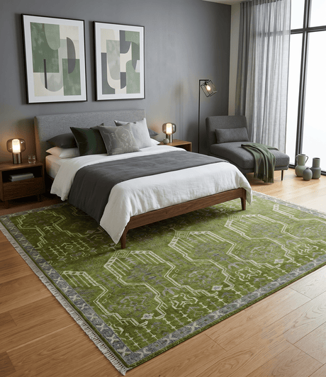 Contemporary Traditional Design Green And Beige Hand Knotted Custom Made Wool Rug