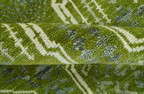 Contemporary Traditional Design Green And Beige Hand Knotted Custom Made Wool Rug