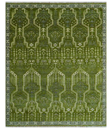 Contemporary Traditional Design Green And Beige Hand Knotted Custom Made Wool Rug