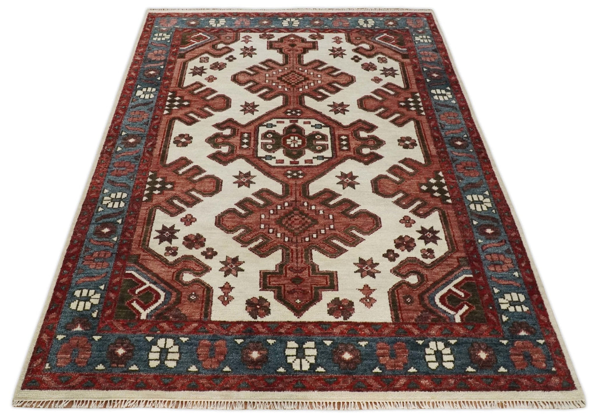 Coral Rust and Ivory Hand Knotted Traditional Heriz Serapi Wool area Rug