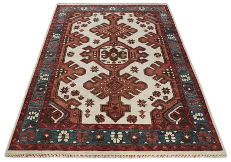 Coral Rust and Ivory Hand Knotted Traditional Heriz Serapi Wool area Rug