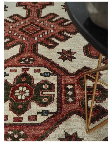 Coral Rust and Ivory Hand Knotted Traditional Heriz Serapi Wool area Rug