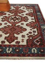 Coral Rust and Ivory Hand Knotted Traditional Heriz Serapi Wool area Rug