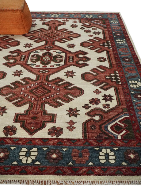 Coral Rust and Ivory Hand Knotted Traditional Heriz Serapi Wool area Rug