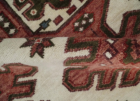 Coral Rust and Ivory Hand Knotted Traditional Heriz Serapi Wool area Rug