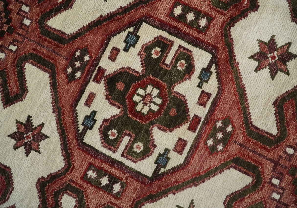 Coral Rust and Ivory Hand Knotted Traditional Heriz Serapi Wool area Rug