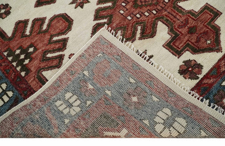 Coral Rust and Ivory Hand Knotted Traditional Heriz Serapi Wool area Rug