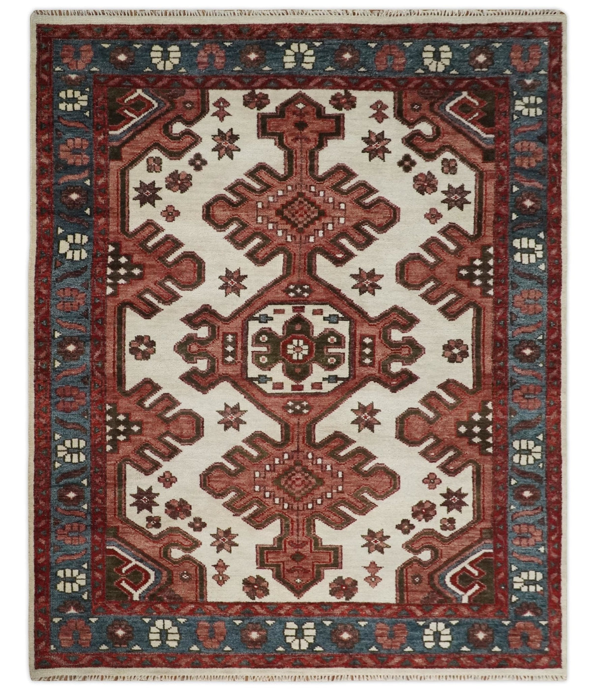 Coral Rust and Ivory Hand Knotted Traditional Heriz Serapi Wool area Rug