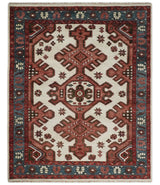 Coral Rust and Ivory Hand Knotted Traditional Heriz Serapi Wool area Rug