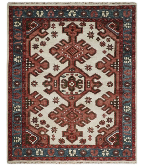Coral Rust and Ivory Hand Knotted Traditional Heriz Serapi Wool area Rug