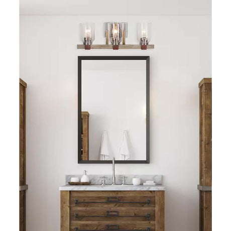 Cresswell 27"W Breckenridge 3-Light Bath Vanity Light Fixture; Brushed Nickel & Walnut Wood Accents & Clear Seeded Glass Shades