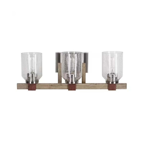Cresswell 27"W Breckenridge 3-Light Bath Vanity Light Fixture; Brushed Nickel & Walnut Wood Accents & Clear Seeded Glass Shades