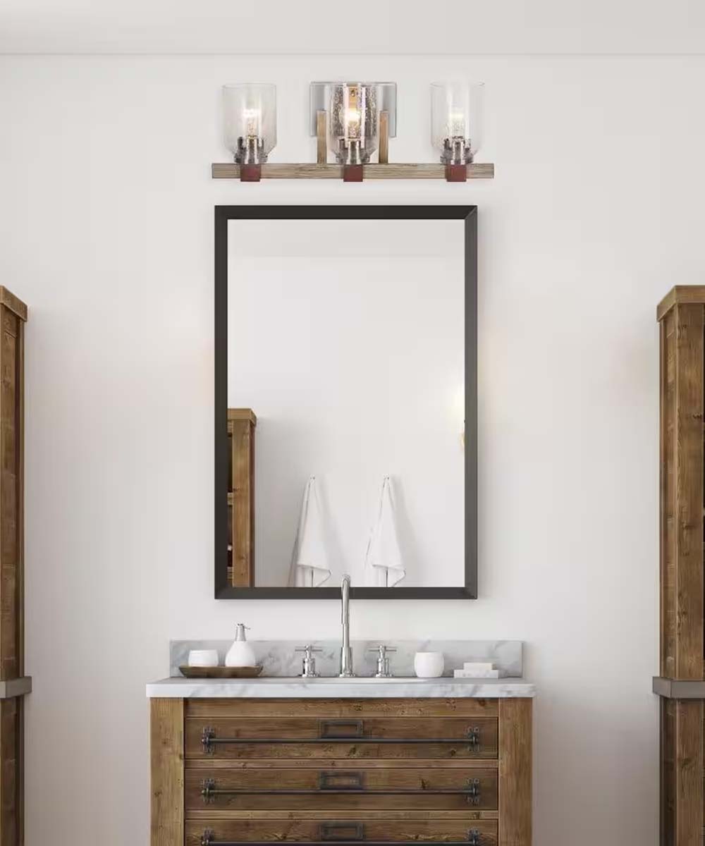 Cresswell 27"W Breckenridge 3-Light Bath Vanity Light Fixture; Brushed Nickel & Walnut Wood Accents & Clear Seeded Glass Shades-Bath Light-Parc Decor