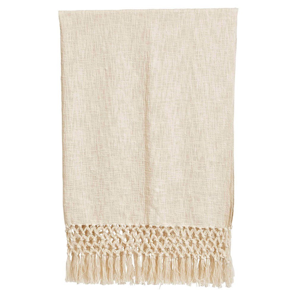Crochet Fringe Woven Cotton Throw Blanket, Cream-Throw Blankets-Parc Decor