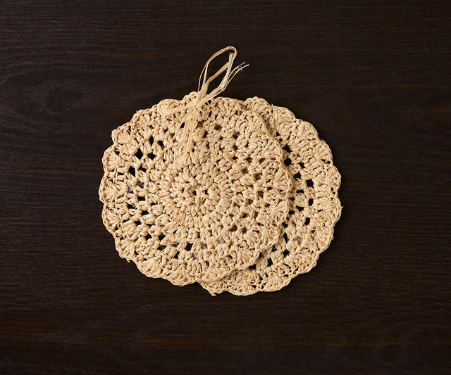 Crocheted Raffia Coasters - Handmade Boho Table Mats, Non-Slip & Heat Resistant Drink & Candle Coasters for Rustic & Decor-Table tops-Parc Decor