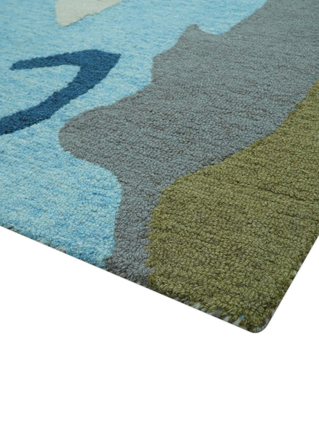 Custom Made Abstract Blue And Green Wool Rug