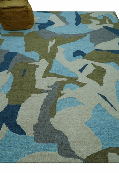 Custom Made Abstract Blue And Green Wool Rug