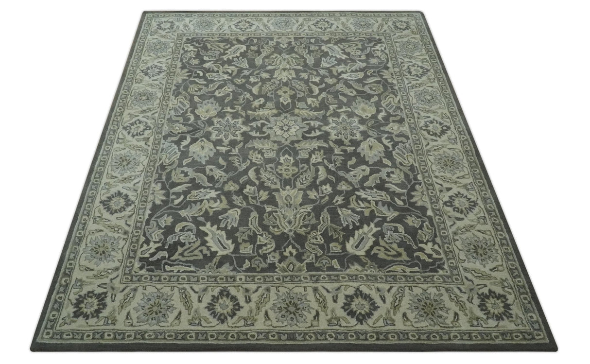 Custom Made Antique Design Charcoal and Beige Traditional Floral Hand Tufted Rug-Parc Decor