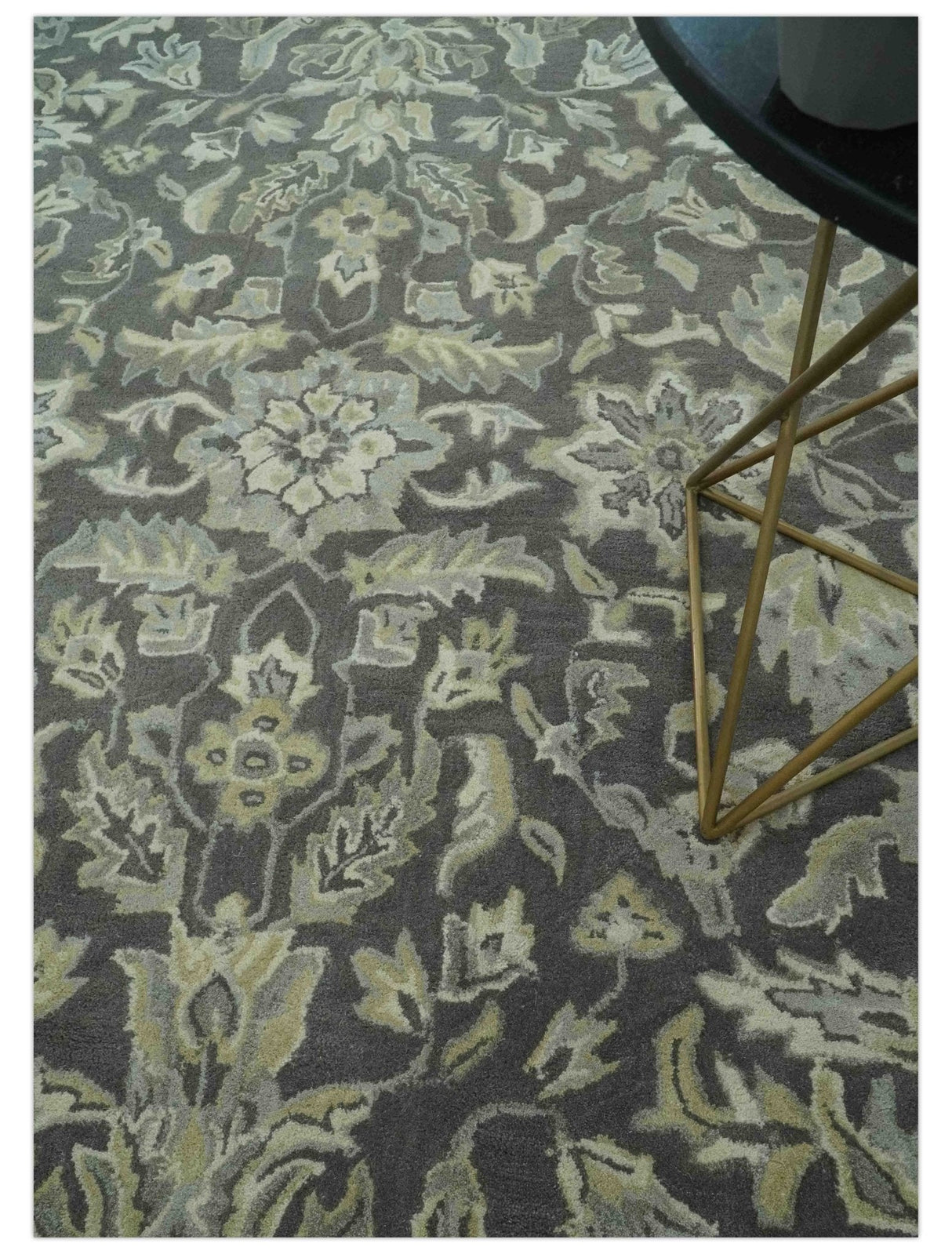 Custom Made Antique Design Charcoal and Beige Traditional Floral Hand Tufted Rug-Parc Decor