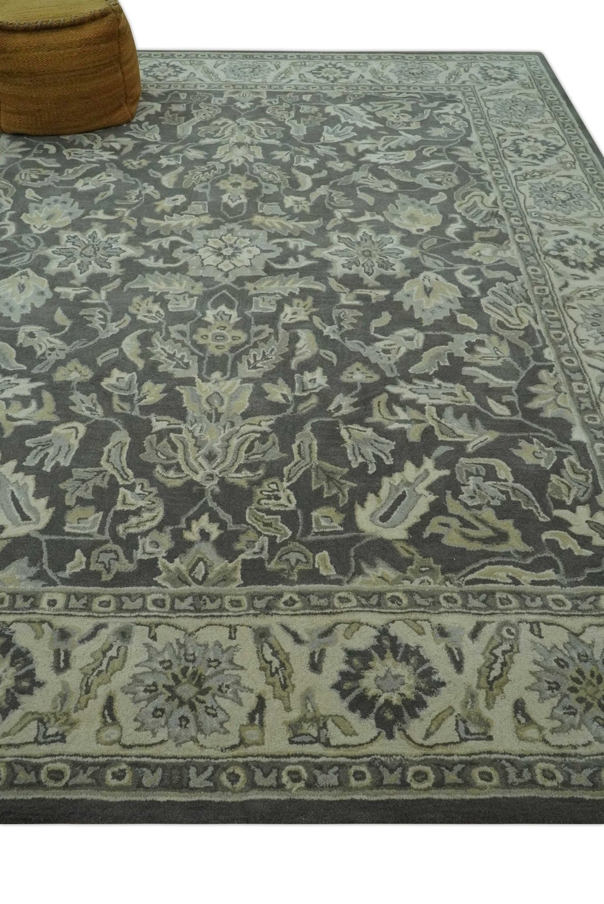 Custom Made Antique Design Charcoal and Beige Traditional Floral Hand Tufted Rug-Parc Decor