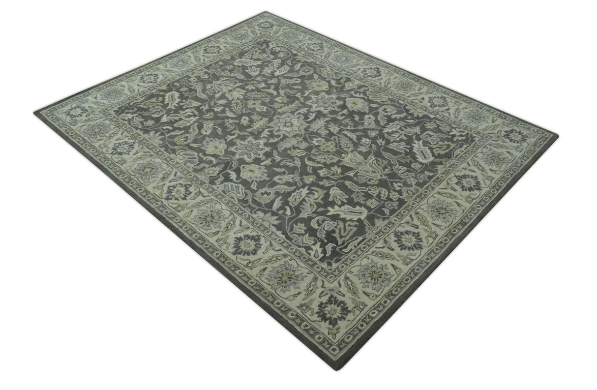Custom Made Antique Design Charcoal and Beige Traditional Floral Hand Tufted Rug-Parc Decor