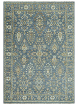Custom Made Antique Hand Knotted Blue and Beige Traditional Oushak Wool Area Rug