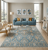 Custom Made Antique Hand Knotted Blue and Beige Traditional Oushak Wool Area Rug