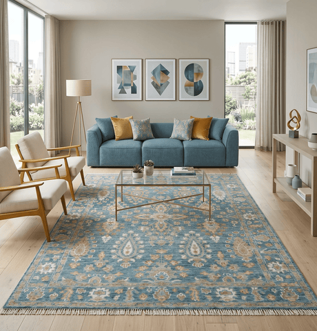 Custom Made Antique Hand Knotted Blue and Beige Traditional Oushak Wool Area Rug