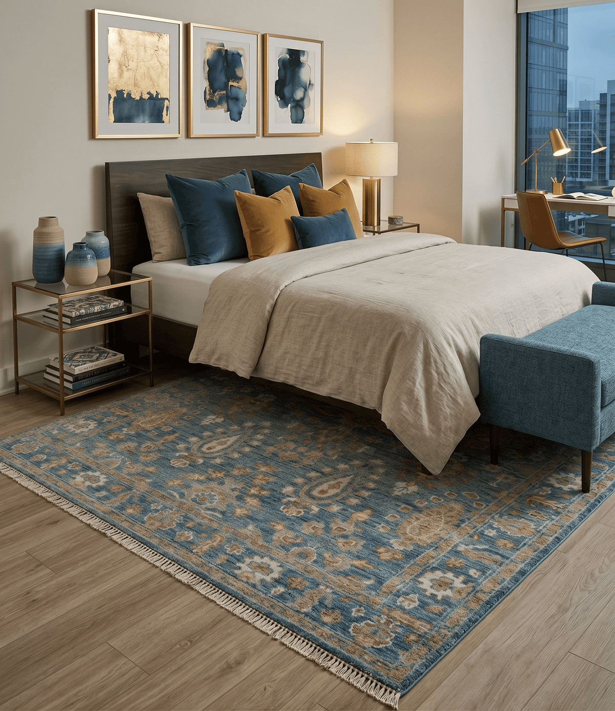 Custom Made Antique Hand Knotted Blue and Beige Traditional Oushak Wool Area Rug