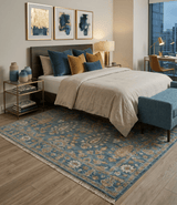 Custom Made Antique Hand Knotted Blue and Beige Traditional Oushak Wool Area Rug