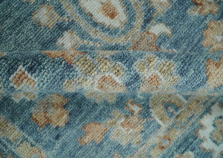 Custom Made Antique Hand Knotted Blue and Beige Traditional Oushak Wool Area Rug