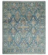 Custom Made Antique Hand Knotted Blue and Beige Traditional Oushak Wool Area Rug