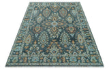 Custom Made Antique Hand Knotted Charcoal and Blue Traditional Oushak Design Wool Rug