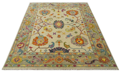 Custom Made Antique Style Beige Colorful Hand knotted Traditional Oushak wool Area Rug